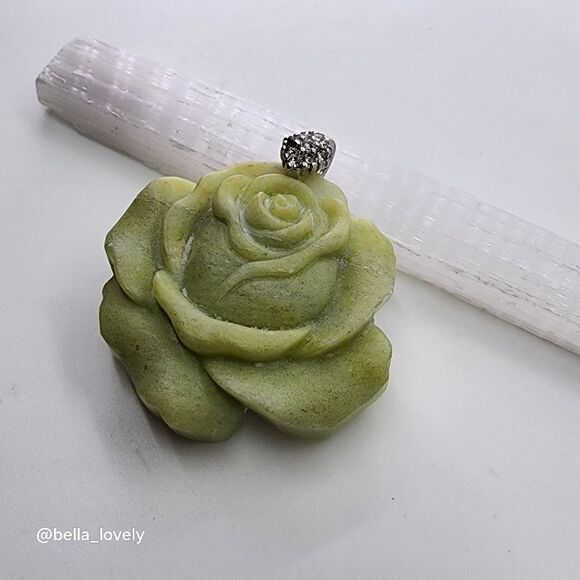 Handmade Carved Jade Rose Pendant w/ Silver Sparkly Bail - Picture 4 of 5